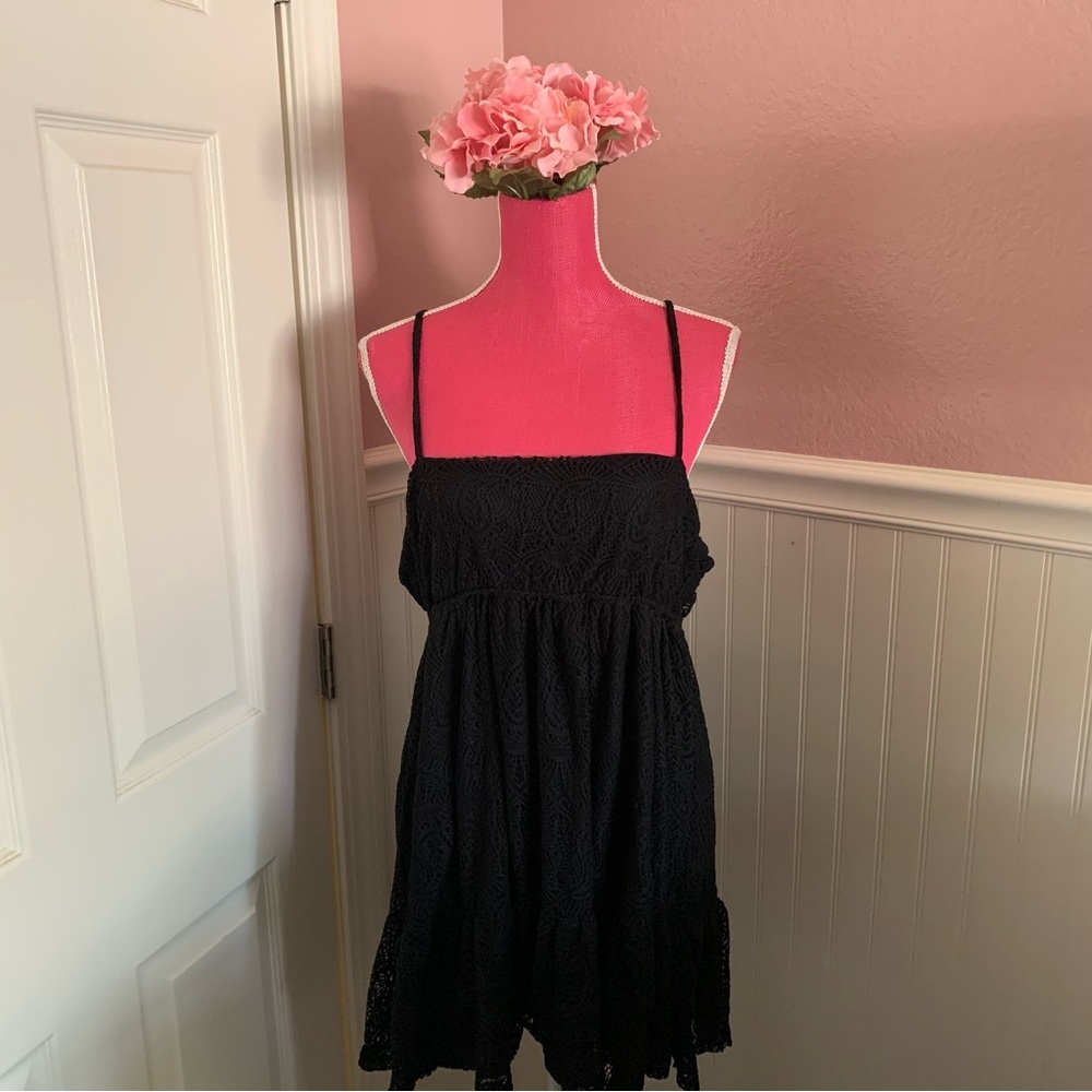 👗Black Lace Sundress Bathing Suit Cover-Up Adjustable Straps size Large